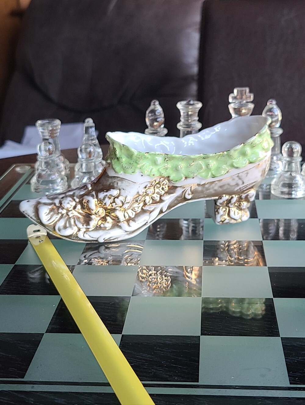 Vintage White and Gold Porcelain Decorative Shoe Planter with Green Trim